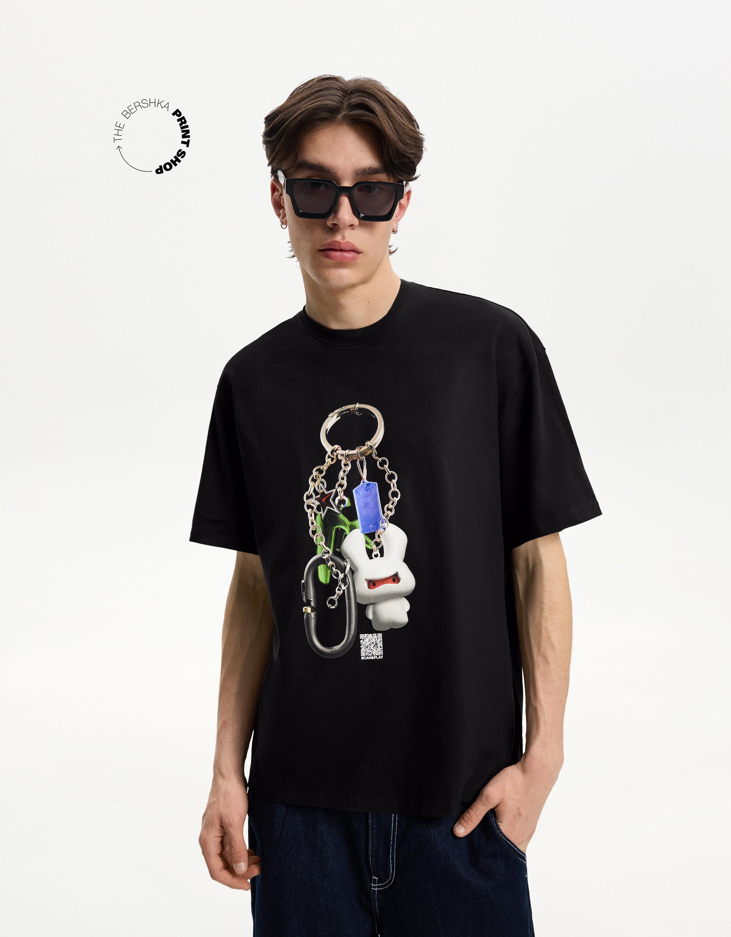 Bershka T-Shirt Bershka Wearable Art Mit Kurzen Ärmeln Herren M Schwarz