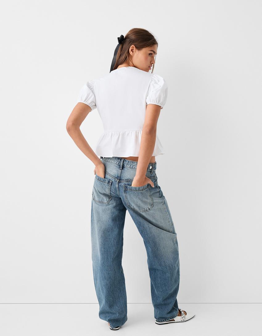 Дънки тип балон с ниска талия и шевове-Синьо с избелял ефект-2