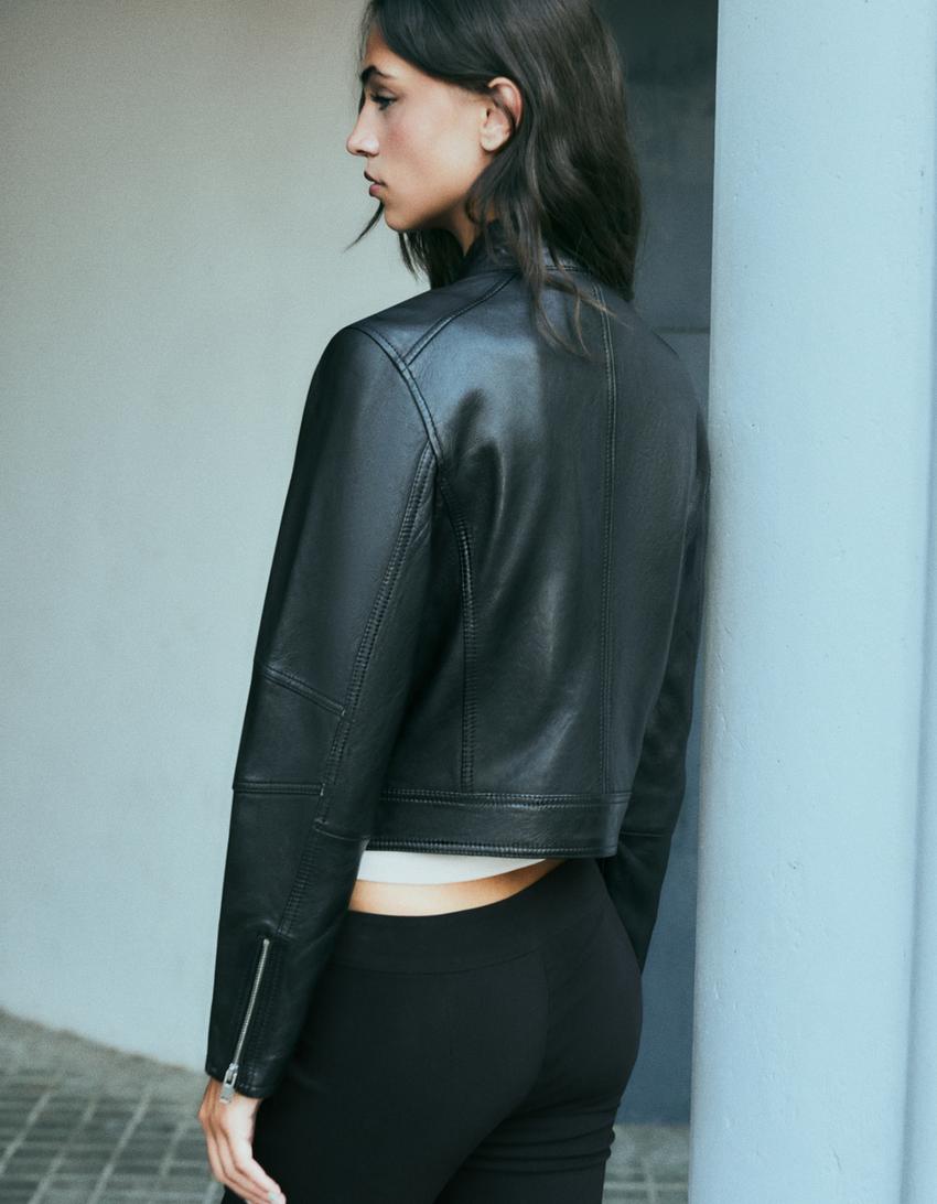 Leather zip biker jacket-Black