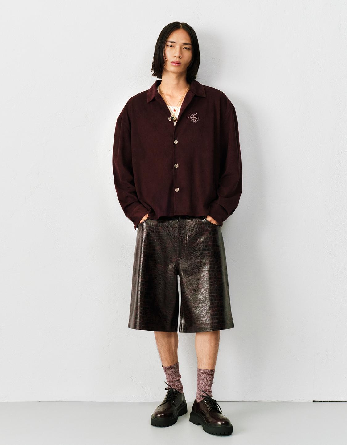 Embroidered faux suede boxy-fit overshirt