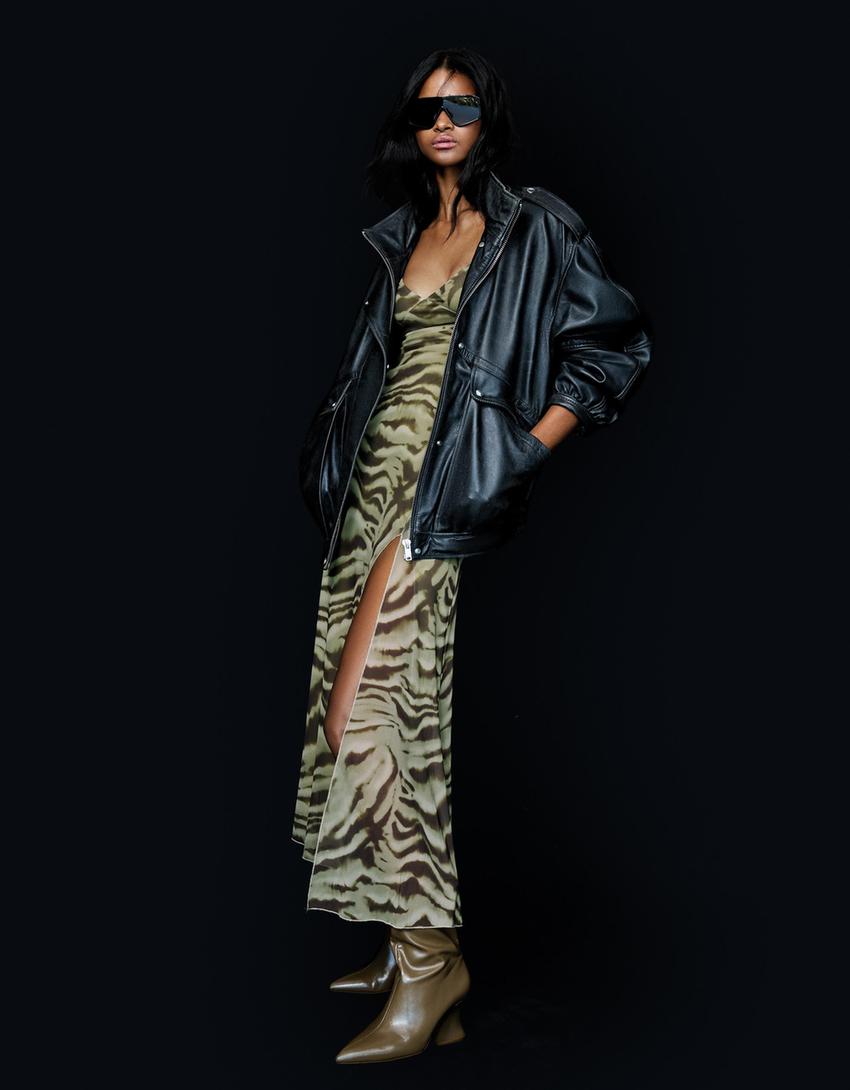 Vestito midi spalline stampa animalier-Verde-2