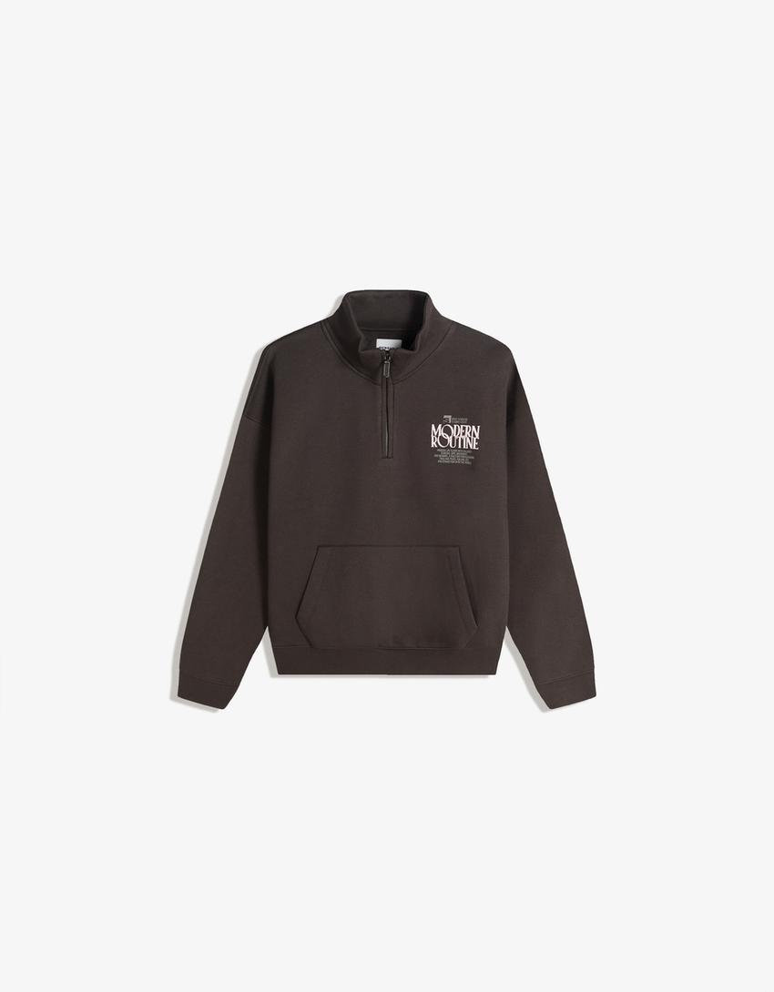 Sudadera cuello cremallera print-Marrón