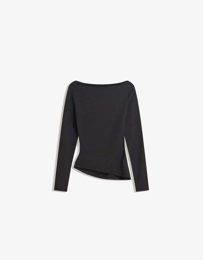 Langærmet, asymmetrisk T-shirt-Sort-4