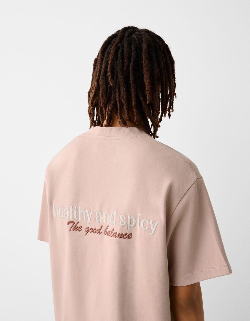 Embroidered plush short sleeve T-shirt-Pink-2