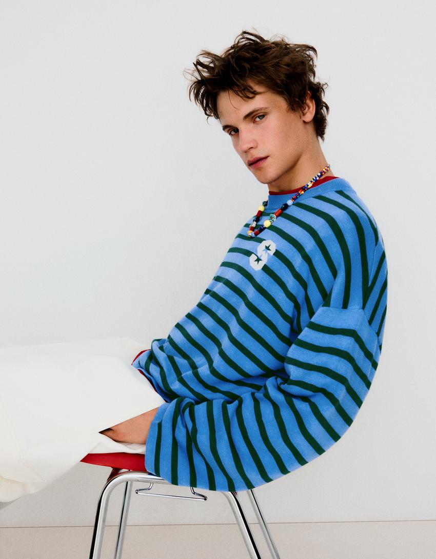 Maglia Boxy fit a righe ricamate-Azzurro