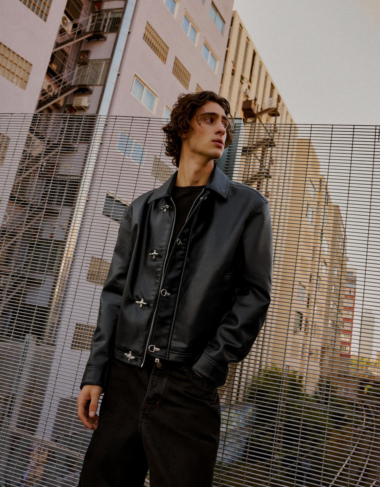 Leather effect jacket with clasps — Black