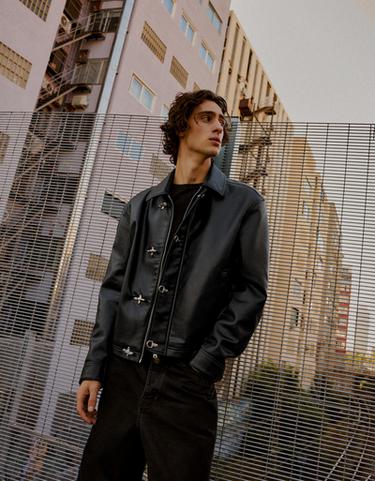 Leather effect jacket with clasps — Black 1