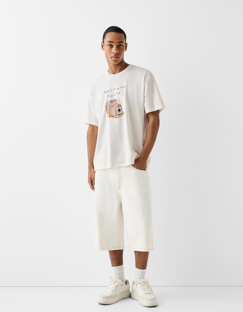 T-shirt manches courtes boxy fit imprimé-Blanc cassé-3