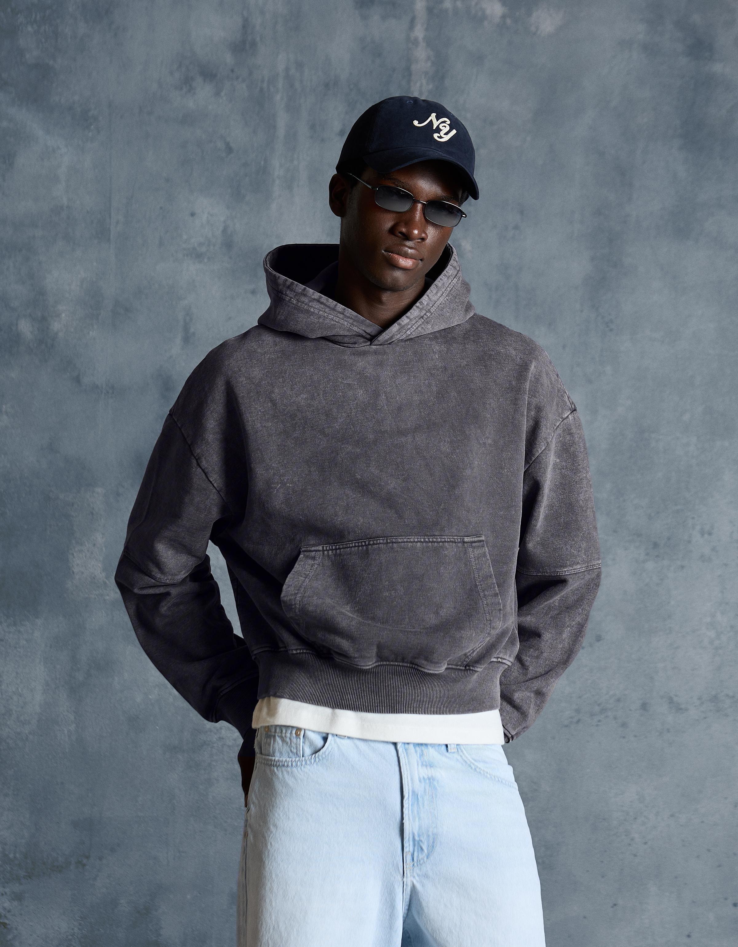 Sudadera Boxy Capucha Lavado Hombre Xs Gris Oscuro