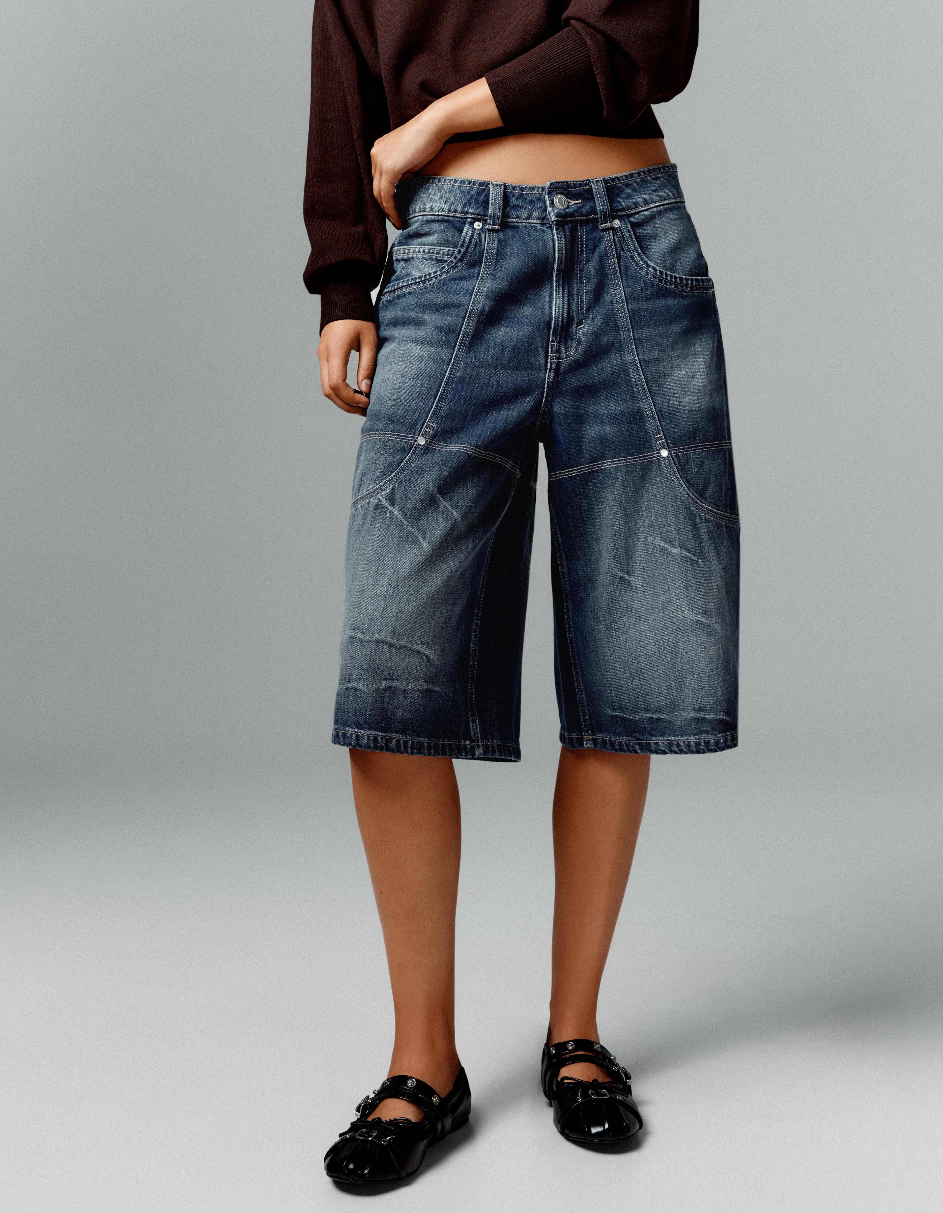 Long denim Bermuda shorts with pocket detail — Dark blue