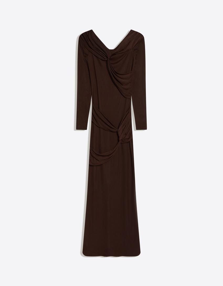 Robe midi manches longues tulle nœuds-Marron