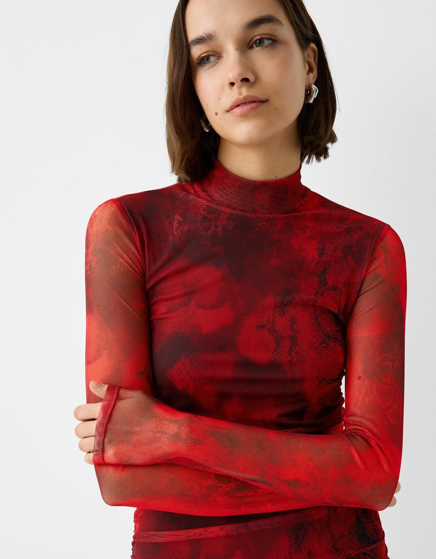 Long sleeve animal print mini dress-Red-5