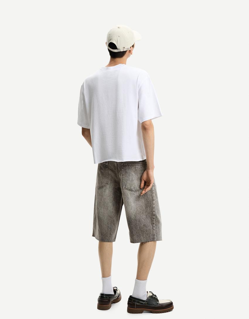 Calções bermuda denim baggy-Cinza-2