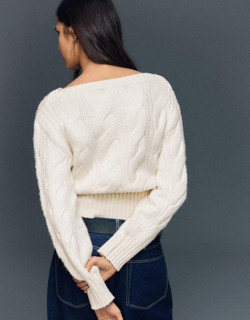 Pull col bateau torsadé-Écru