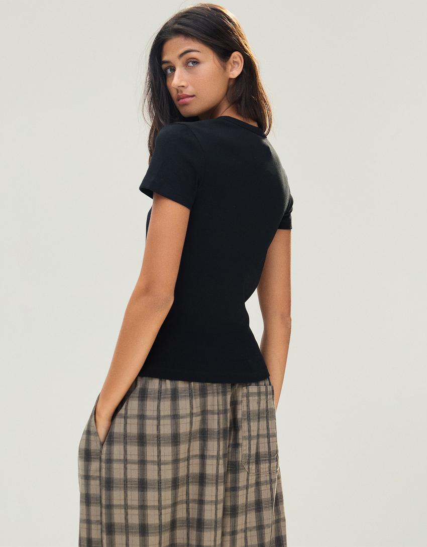 Basic ribbed short sleeve T-shirt-Black