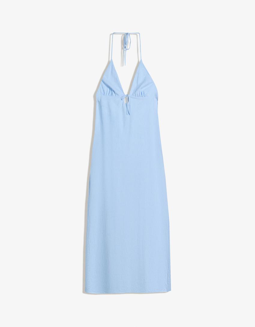 Vestido midi halter lazada con lino-Azul Claro-0