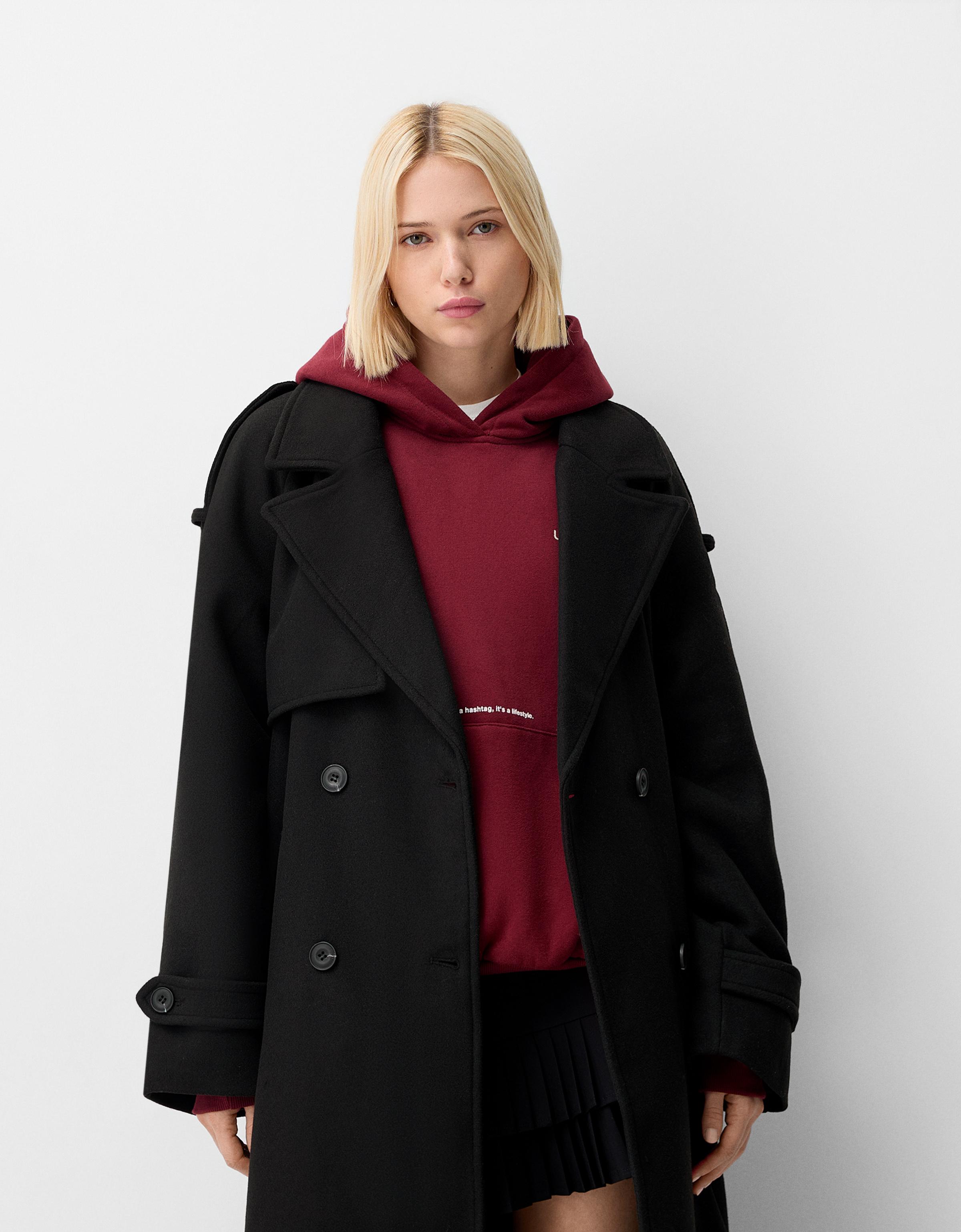 Bershka Oversize-Trenchcoat-Mantel Mit Wolle Damen L Schwarz