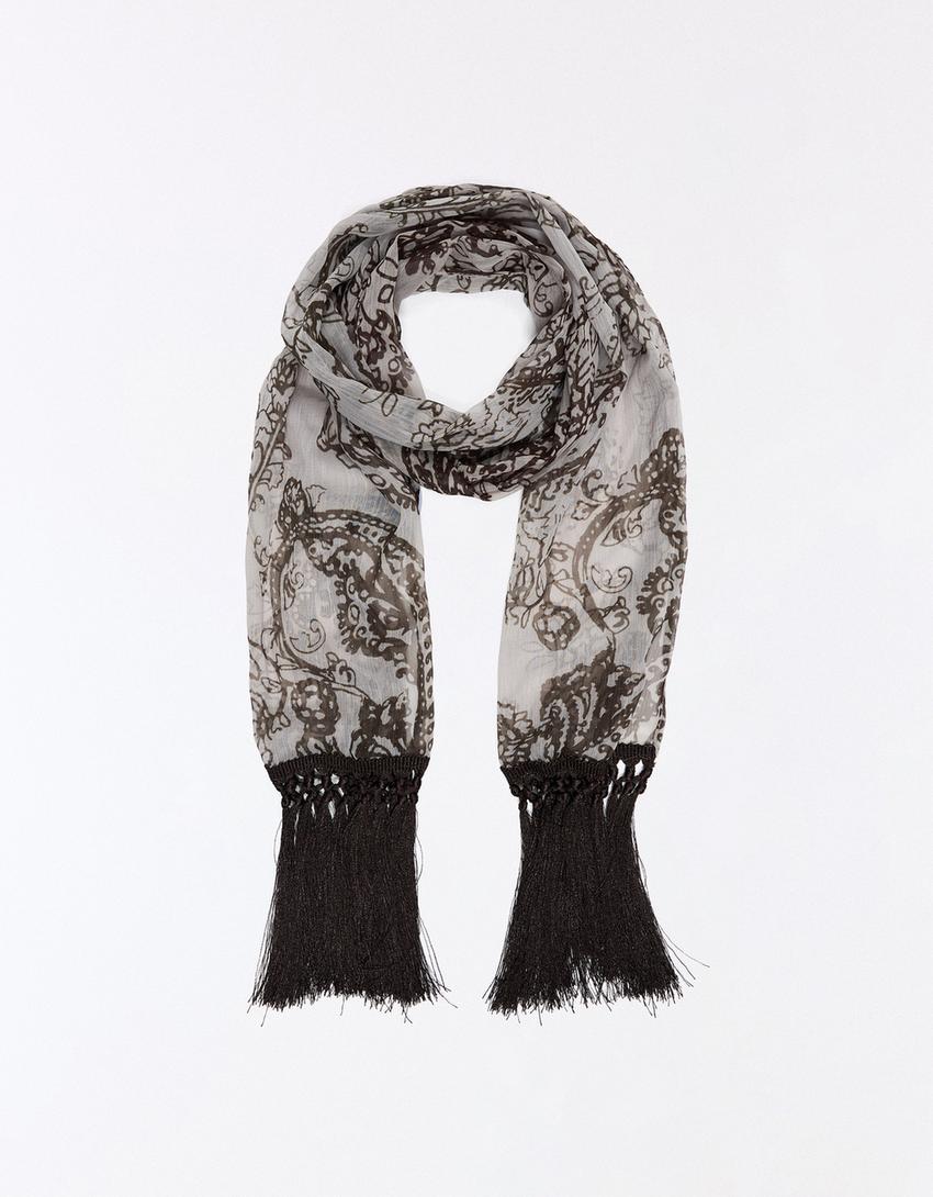 Paisley fringed scarf-Khaki