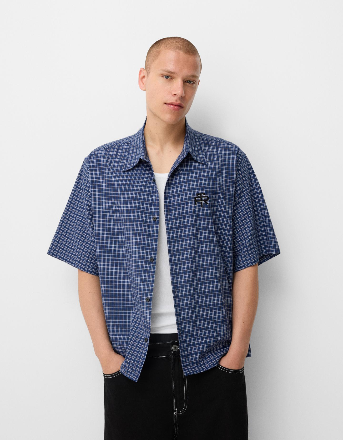 Bershka Camicia Manica Corta Quadri Uomo S Blu