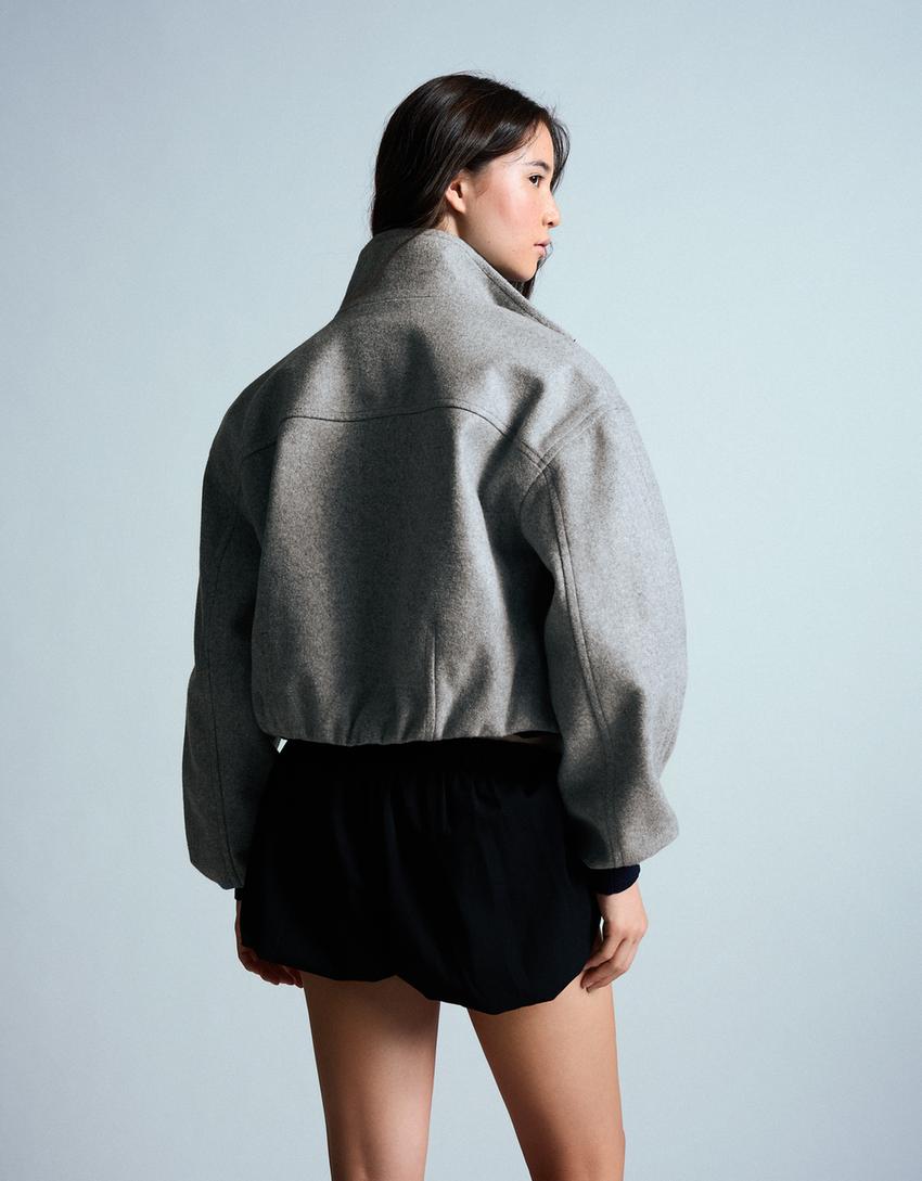 Wolljacke mit gerafftem Saum-Grau