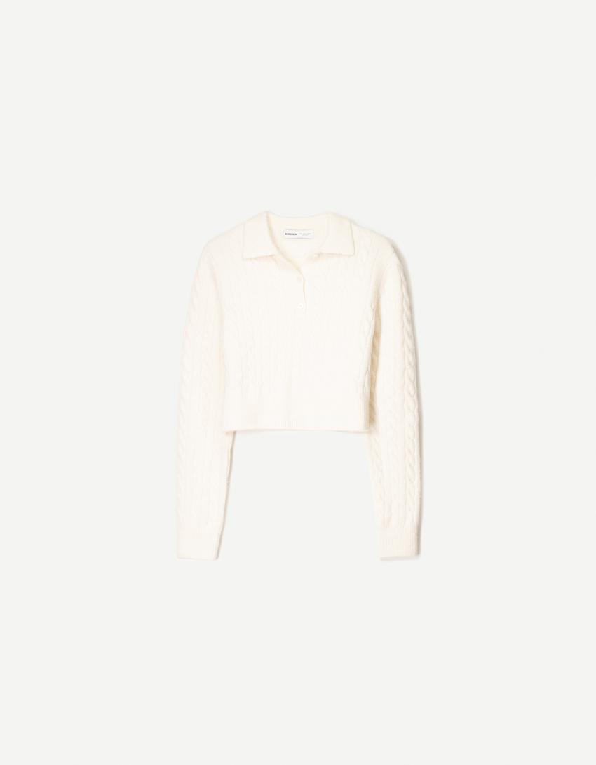 Cable-knit polo collar sweater-Cream-1