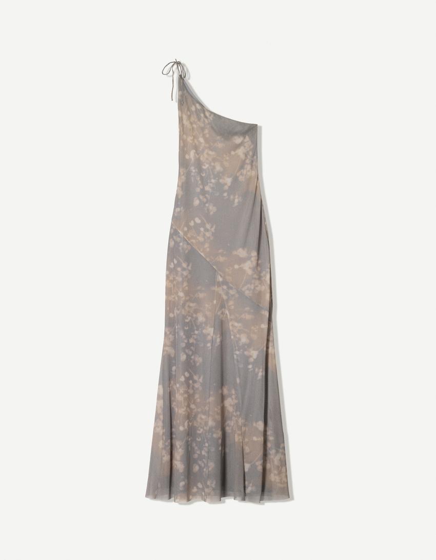 Asymmetrische tule maxi-jurk met print-Grijs