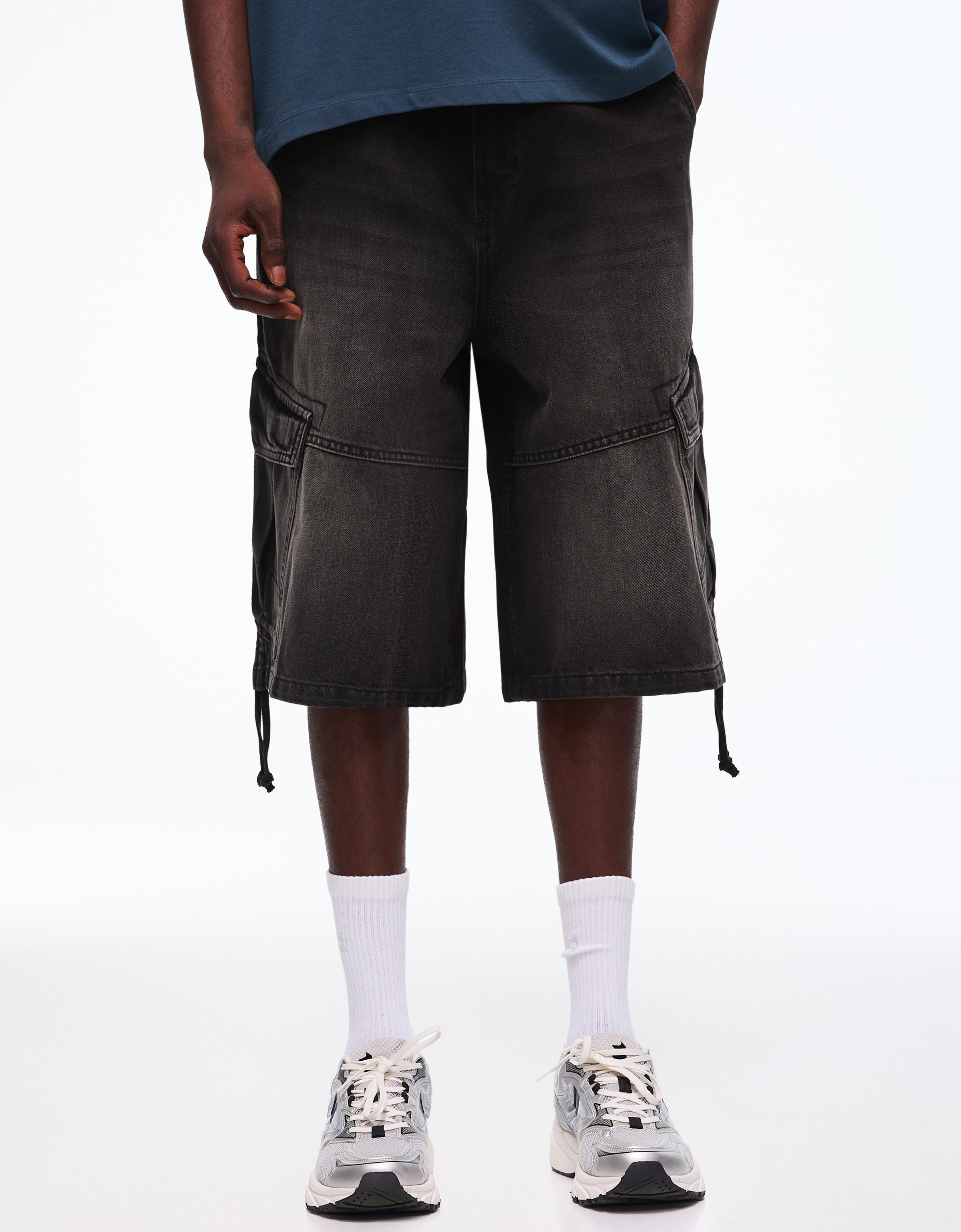 Denim cargo parachute Bermuda shorts — Black