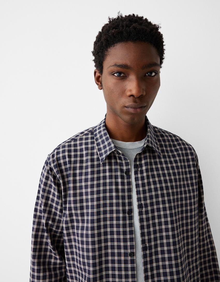 Boxy fit check long sleeve shirt-Navy