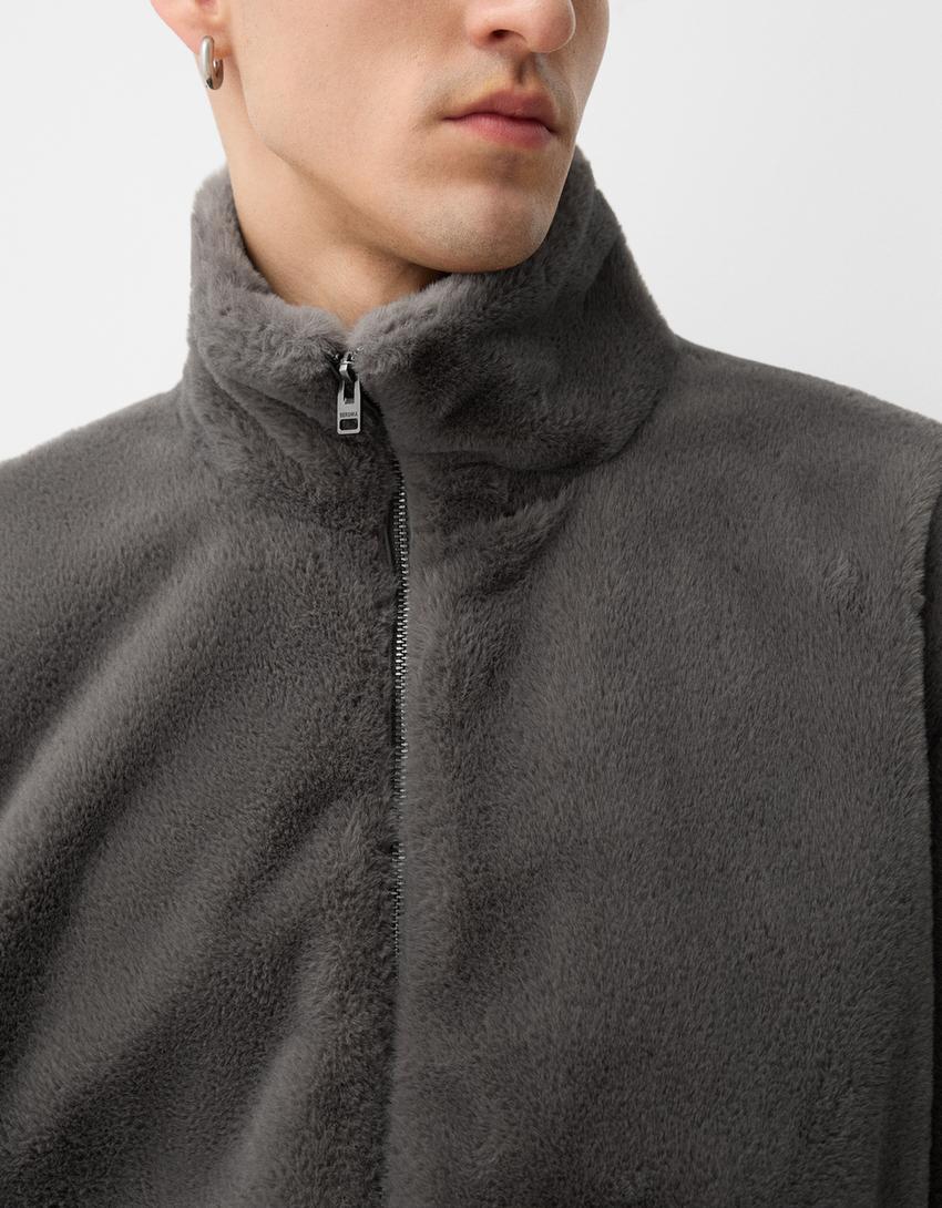Faux fur zip-up high neck jacket-Dark grey-4
