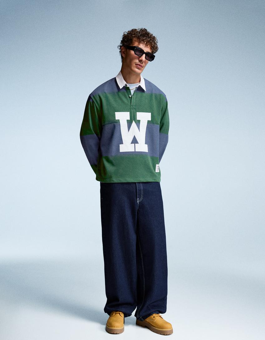 Striped long sleeve boxy fit polo shirt-Green