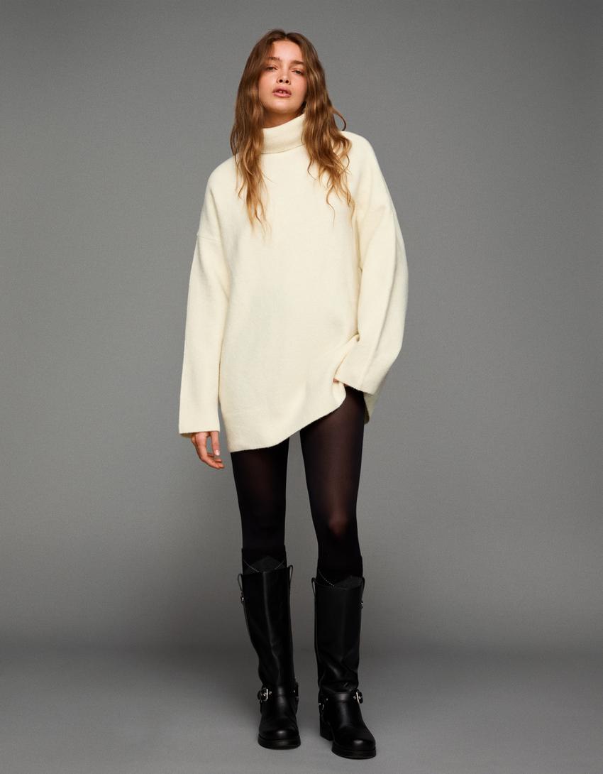 Camisola gola alta oversize-Cru