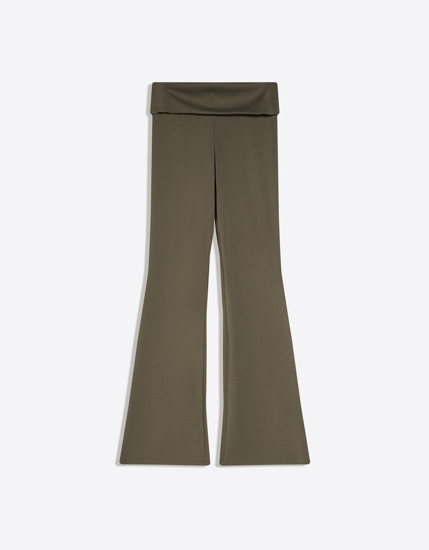 Flared technical trousers with turn-up waist-Moss