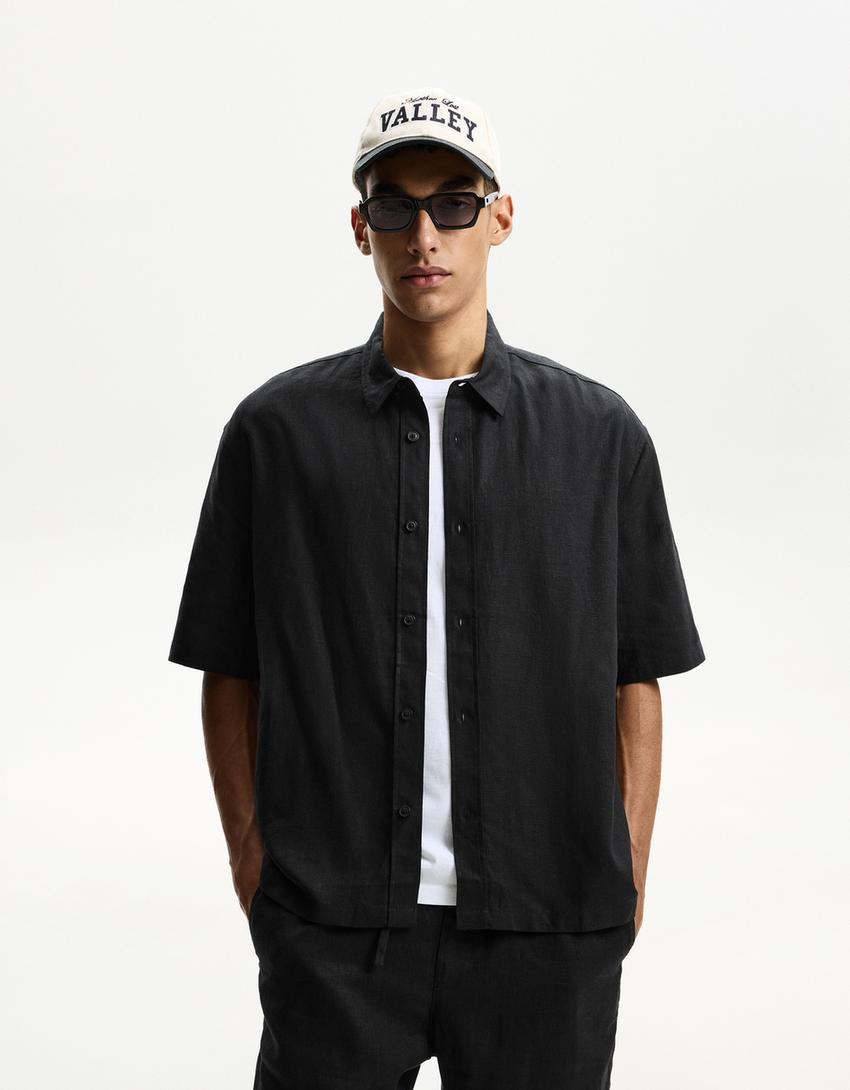Camisa manga corta con lino-Negro