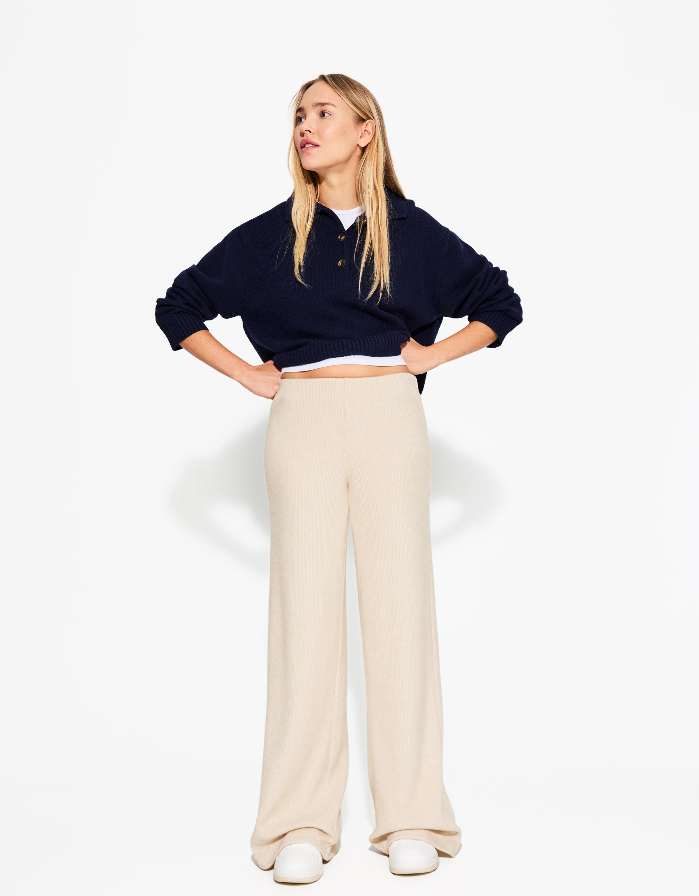 Bershka Soft Touch Hose Wide-Leg Rib Damen L Camel