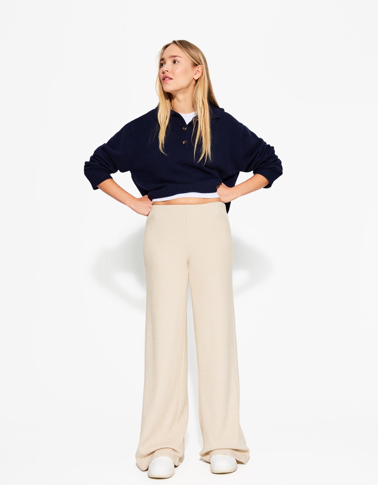 Bershka Soft Touch Hose Wide-Leg Rib Damen Xs Camel günstig online kaufen