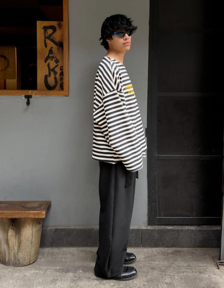 Striped crew neck sweatshirt-Navy