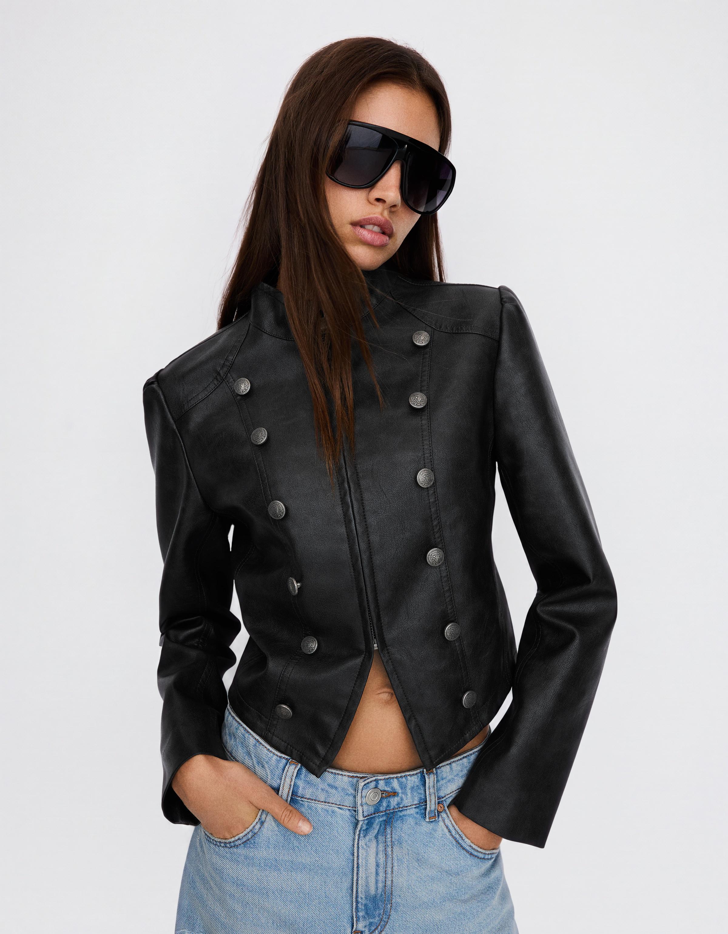 Buttoned leather effect jacket — Dark grey