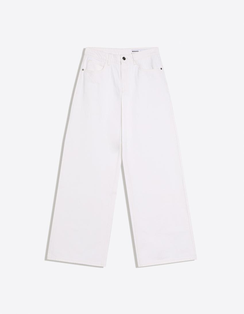 Jeans mit weitem Bein, halbhoher Bund-Rohweiß