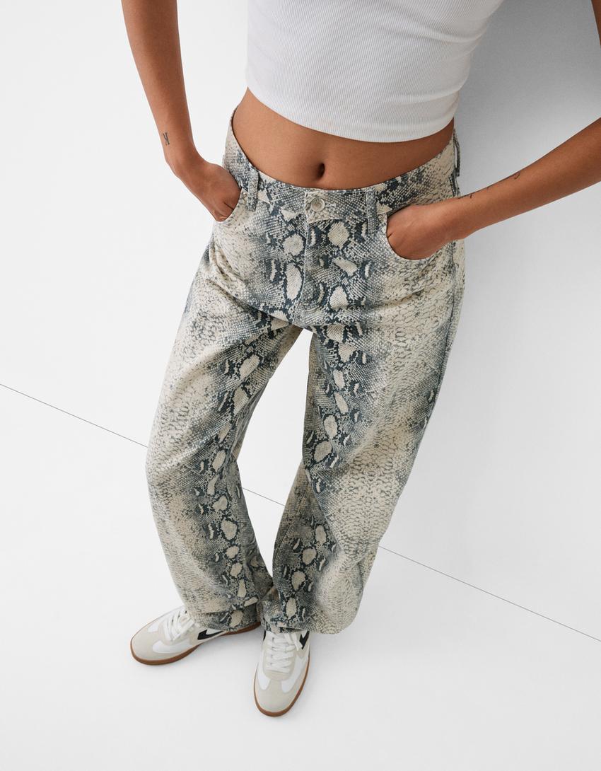 بنطال جينز بقصّة بالون وطبعة حيوانية-رمادي-3
