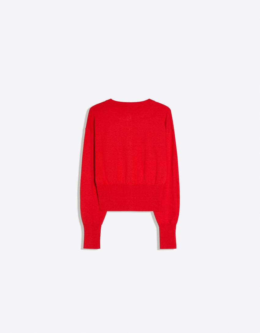 Striped crew neck button-up jacket-Red