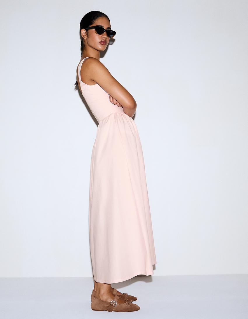 Robe midi popeline boutons-Rose