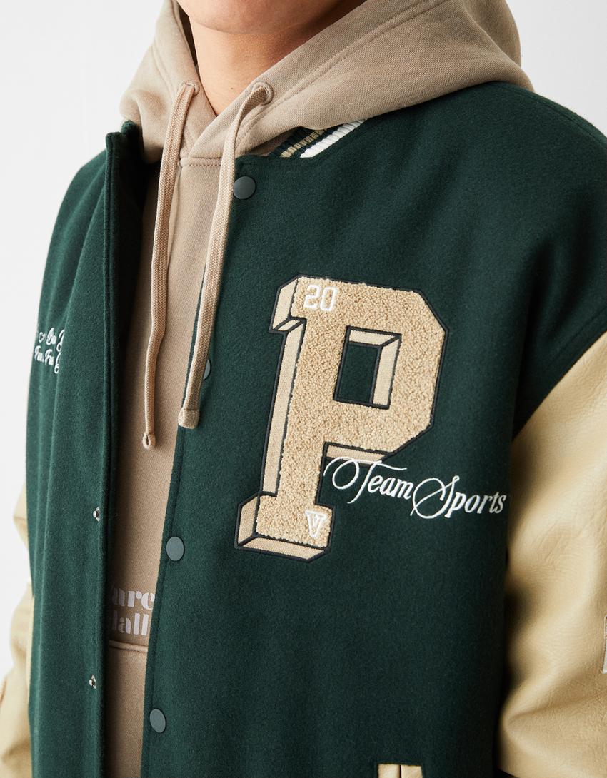 Felt texture varsity jacket with leather effect sleeves-Green