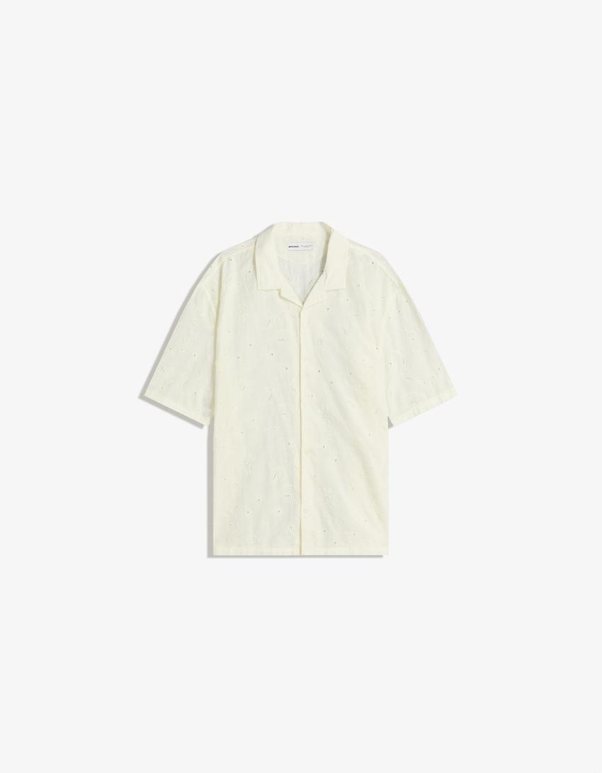 Short sleeve shirt with floral embroidery-Sand-4