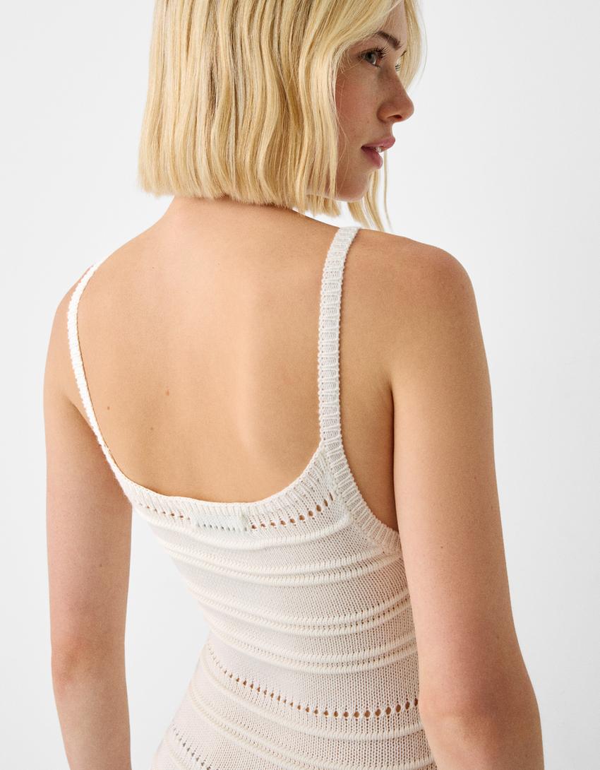 Askılı ajurlu midi elbise-Krem-6