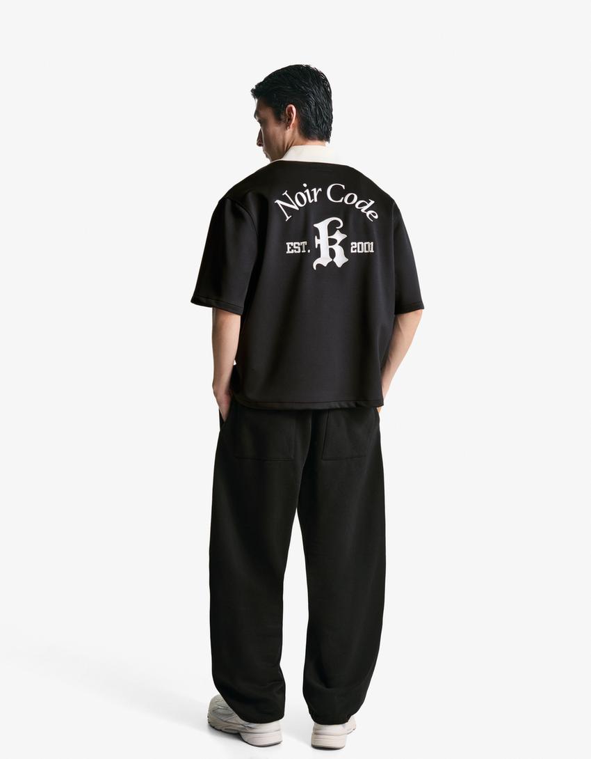 Embroidered short sleeve boxy fit shirt-Black-1