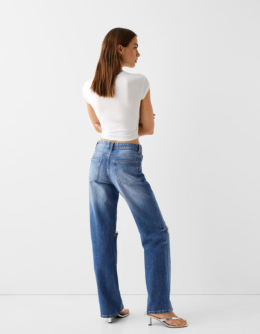 بنطال جينز نمط التسعينيات ممزق واسع الساقين-أزرق-2