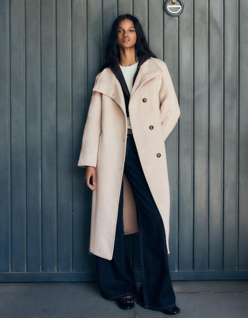 Long funnel neck belted coat-Sand