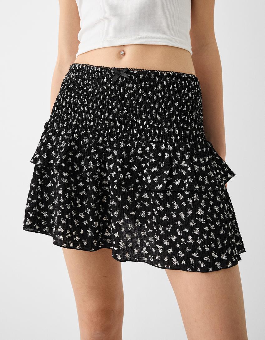 Printed waffle-knit mini skirt with ruffles-Black-2