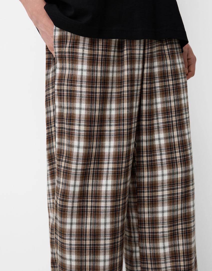 Calças direitas aos quadrados-Marrom-3