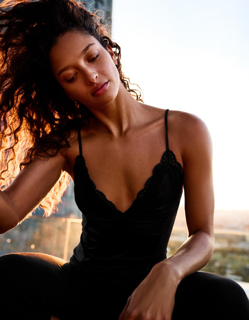 Ribana şeritli slip top-Siyah